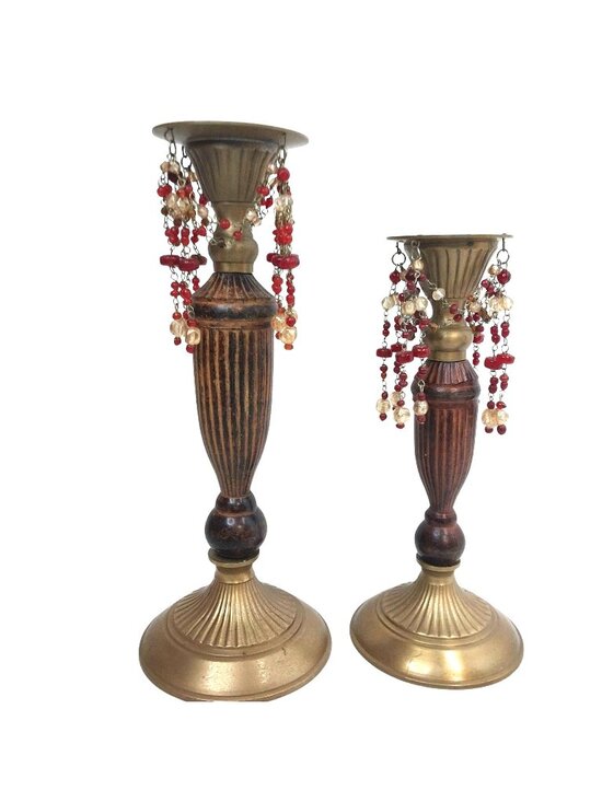 Other - Vintage Brass & Laquered Wood Candlestick Holders Beaded Garland Pair Set of 2